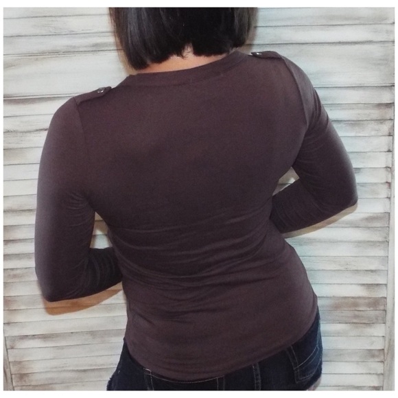 Deep V Neck Military Henley Pocket Dark Brown 1517 - Picture 4 of 4